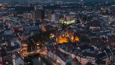 Establishing Aerial View Shot of Strasbourg Fr, capital of European Union, Bas-Rhin, France, at night evening, charming city