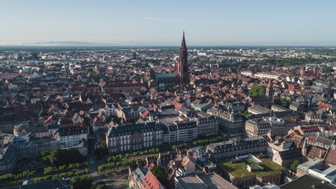 Establishing Aerial View Shot of Strasbourg Fr, capital of European Union, Bas-Rhin, France, wide city view