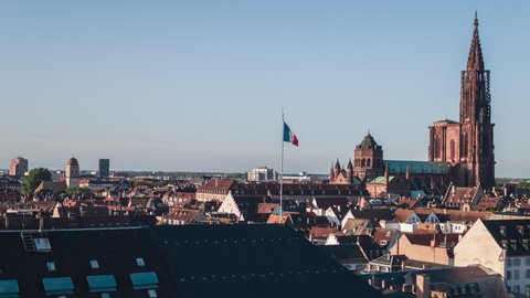 Establishing Aerial View Shot of Strasbourg Fr, capital of European Union, Bas-Rhin, France, french flag and city center
