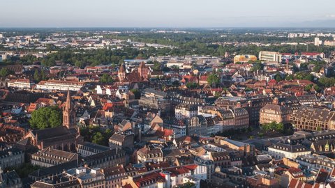 Establishing Aerial View Shot of Strasbourg Fr, capital of European Union, Bas-Rhin, France, wide view of charming town