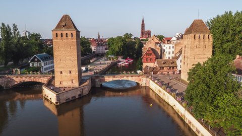 Establishing Aerial View Shot of Strasbourg Fr, capital of European Union, Bas-Rhin, France, The Covered Bridges, day