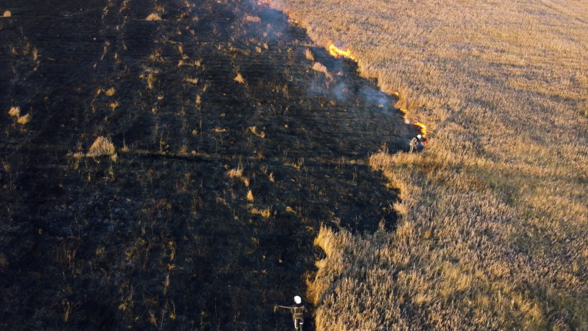 Aerial view Fire extinguishing. Fireman extinguishing burning dry grass. Open flames of fire and smoke. Yellow dry grass and black ash from burnt plants.Ecological catastrophy. Fire on field in steppe | Shutterstock HD Video #1089455727