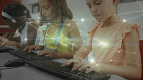 Animation of network of connections over diverse schoolchildren using computers. global education, connections and digital interface concept digitally generated video. - Powered by Shutterstock - Get 15% off with code: PIKWIZARD15