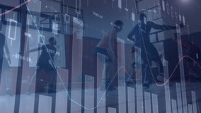 Animation of data processing over diverse male basketball players at gym. global sport, connections and digital interface concept digitally generated video.