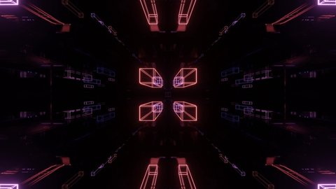 Fly through symmetrical tunnel with neon glow 3d objects, sci fi glow pattern. Bright reflection neon light. Simple bright background, sci fi structure. 4k seamless looped animation.
