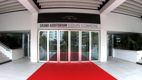 Cannes, France, October 3, 2021: Red Carpet stairs - Grand Auditorium Louis Lumiere in Cannes, Cannes is a city located on the French Riviera and host city of the annual Cannes Film Festival.