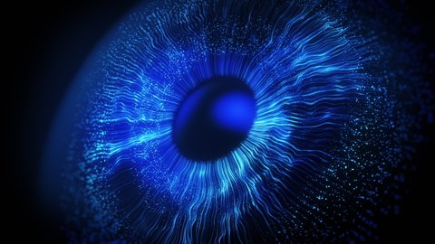 Abstract blue light explosion that expands in space forming a human eye. Concept of technological vision or artificial intelligence control. Digital futuristic Iris background.God's moment of creation Video Stok