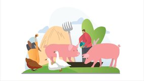 Farming and growing local food video concept. Young moving men take care of farm animals, feed pigs, chickens and geese. Agriculture and working at countryside. Flat graphic animated cartoon