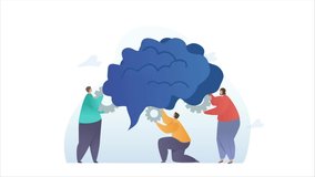 Creative idea video concept. Moving group of employees inserts elements into brain and generates innovative solutions to problems. Brainstorming for strategy development. Flat graphic animated cartoon