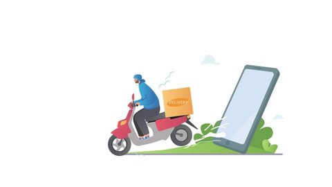 Order delivery service video concept. Male courier moves on scooter from smartphone screen and delivers groceries from store or food from restaurant. Online Shopping app. Flat graphic animated cartoon
