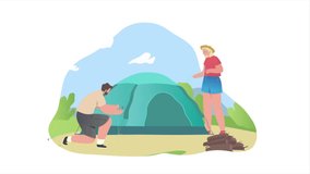 Couple camping video concept. Moving man and woman set up tent in nature. Hiking in forest or mountains. Young family traveling or relaxing outdoors. Vacation or tourism. Flat graphic animated cartoon