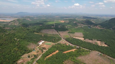 Aerial drone of a large green valley in the rural mountain region of Krabi Thailand on a sunny day