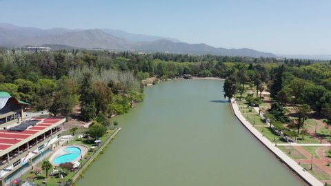 Aerial view of San Martin leisure park and river. Mendoza, Argentina.