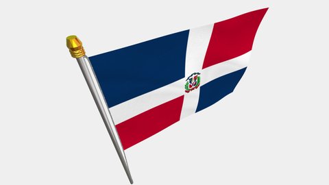A loop video of the the Dominican Republic flag swaying in the wind from a diagonally upper left perspective.
