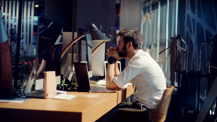 Sad Tired Worker Overworked On Computer.Unhappy Frustrated Businessman.Office Work Overtime. Workaholic Business Finance Deadline.Sad Tired Businessman In Office.Annoyed Overwhelmed Exhausted Stressed | Shutterstock HD Video #1089464437