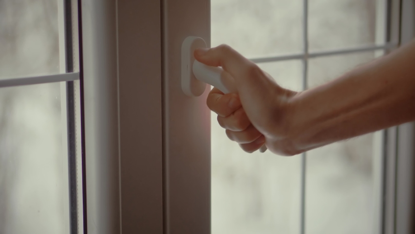 Man Hand Closed Open Window White Plastic Pvc. Hands Opening Plastic Windows In Morning For Fresh Air Ventilation. Light Apartment Room In Winter. Open Vinyl Frame In Bright Room Interior. Airing Home
