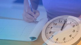 Animation of clock moving over hand of caucasian businesswoman writing. business, working in office and time concept digitally generated video.