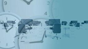 Animation of clock moving over office desks with computers. business, working in office and time concept digitally generated video.