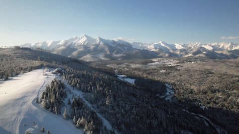 Aerial view of Tatra mountains in Poland during winter