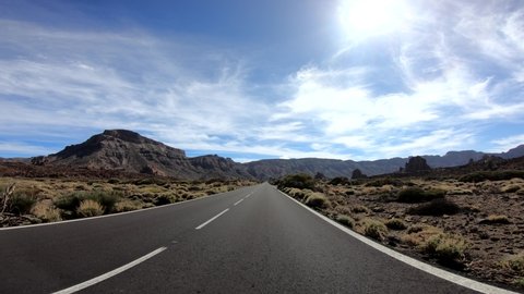 Drivers view on a mountain road (TF21), Tenerife near the mount Teide. Spain, Canary Islands