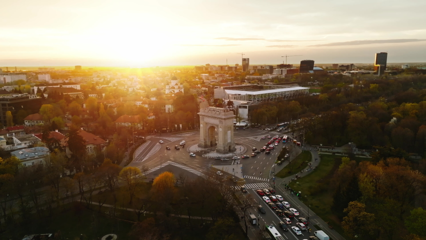 Arch of Triumph Bucharest, Romania Arcul de Triumf București. Sunset shot, golden hour, drone shot 4k Royalty-Free Stock Footage #1089468507