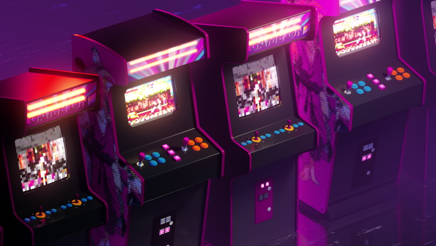 Video Game Arcade Machines. A retro arcade room with endless rows of video game machines on a seamless loop. Royalty-Free Stock Footage #1089468555