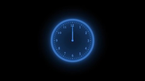 Blue neon clock isolated animated on black background