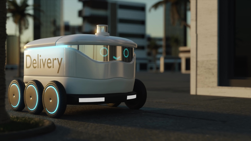 Automated Delivery Robot With Emotion Display and Self Driving Technology Moving on Urban Street. Cyber-Courier of Goods and Parcel Delivering Order to Customers. Future Industry of Delivery Logistic | Shutterstock HD Video #1089471853