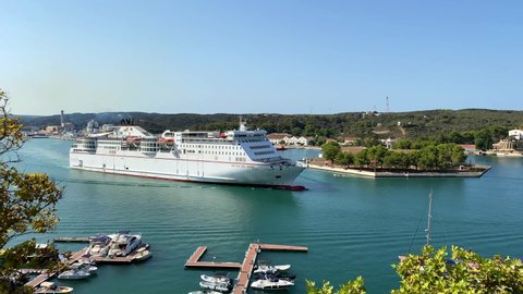 SPAIN, MENORCA, 2021, AUG, 10th, Boats and ferries at Mahon Harbour, Port de Mao, Menorca, Balearic Islands, Balearic Islands, Mediterranean Sea, Spain