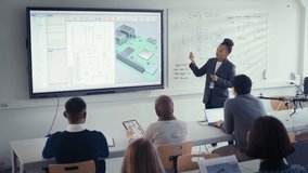 Black Female University Professor Gives Lecture on AI, Smart Design, Software Development, Uses Digital Interactive Screen, Talks to a Group of Diverse Students. Education and High Tech - Powered by Shutterstock - Get 15% off with code: PIKWIZARD15