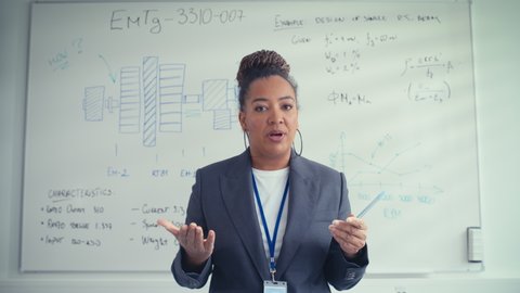 Online e-Education Concept: Black Teacher Explains Lesson to a Classroom, Behind Her Whiteboard with Writing. E-Learning, Online Courses: Lecturer does Video Call, Explains Subjects