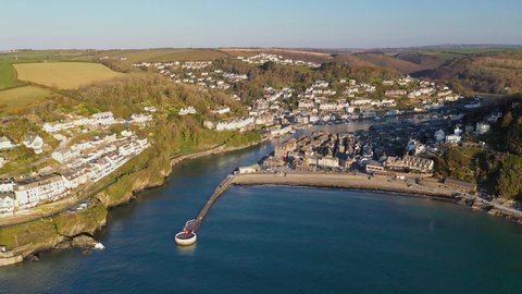 Aerial of the Cornish fishing village of Looe, South Cornwall, England, United Kingdom, Europe
