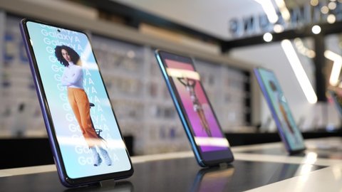 Samsung Galaxy Smartphones shown on display in electronic store. Minsk, Belarus - april, 2022