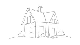 Self drawing animation of Cottage house. Rural landscape continuous one line drawing. Country nature. 4k
