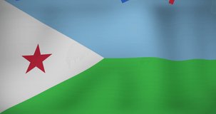 Animation of confetti over flag of djibouti. flags, national symbols and patriotism concept digitally generated video.