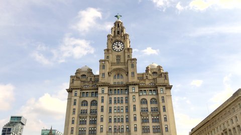Liverpool, UK, April 16th 2022:The Royal Liver Building is a Grade I listed building in Liverpool, Merseyside. Located at the Pier Head waterfront. The famous clock tower. Liver bird on top. 
