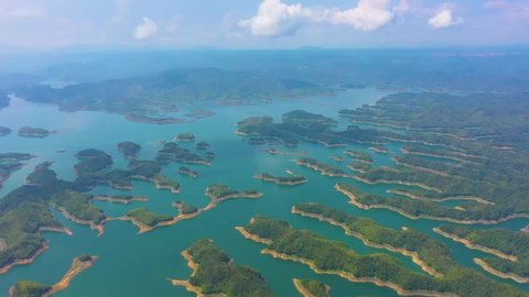 Aerial view of Ta Dung lake in early morning, which is as known as Ha Long bay on land of Vietnam central highland. The reservoir for power generation by hydro power in Dak Nong province, Vietnam.