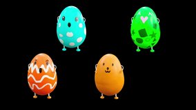 Easter Day, Happy Easter, eggs Dancing, 3d rendering, Animation Loop composition 3d mapping cartoon, included in the end of the clip with Alpha matte.