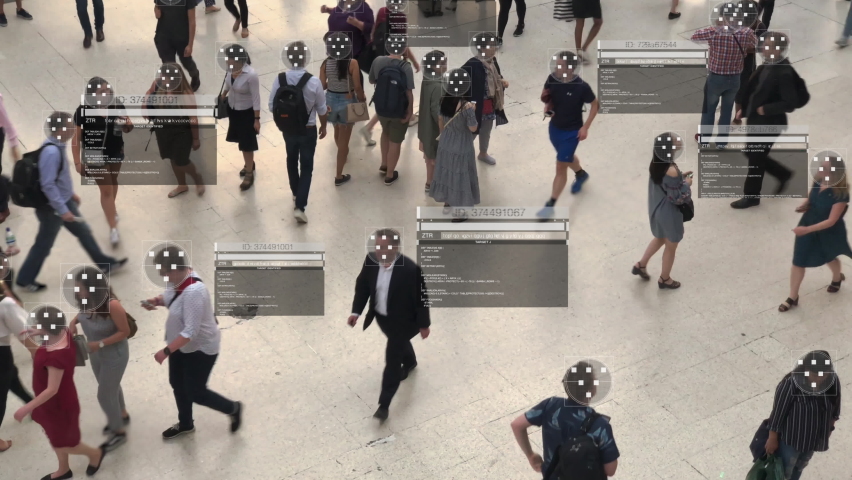 Security Camera Surveillance Footage Face Scanning Crowd of People Walking on Busy Station. Big Data Analysis, Artificial Intelligence, CCTV, Surveillance. Interface Showing Fake Personal Information.