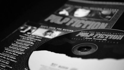 Rome, Italy - May 03, 2019: Detail of CD and artwork of OST of the film PULP FICTION. Second film by director Quentin Tarantino which earned him the Palme d'Or at the Cannes Film Festival
