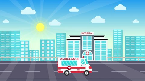 Ambulance coming to the hospital on an urban area 4K animation. An ambulance stopped in front of the hospital footage. Medical concept with a hospital building and an ambulance flat animation.