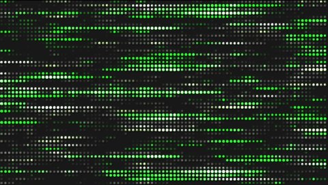 Animated green mosaic background. Movement strips of circles, dots. Glow of particles. Television interference, noise. Moving digital energy lines. Living maze. Matrix. Business, computer games. 4k