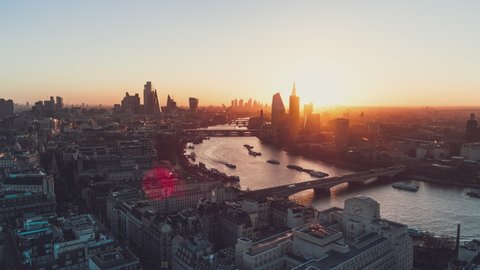 Magical Sunrise over Thames, Establishing Aerial View Shot of London UK, United Kingdom