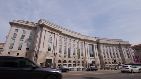 Washington, DC - USA - April 13 2022: The Ronald Reagan Building and International Trade Center, named after the former United States President. Headquarters of USAID, CBP and the Wilson Center.