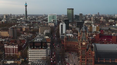 Busy Center, Establishing Aerial View Shot of London UK, United Kingdom