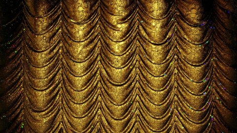 Realistic 3D animation of the luxurious and fancy textured golden metallic glittering theater stage Austrian curtain rendered in UHD with alpha matte