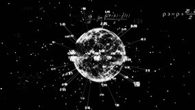 Animation of mathematical equations and globe with data processing on black background. education and digital interface concept digitally generated video.