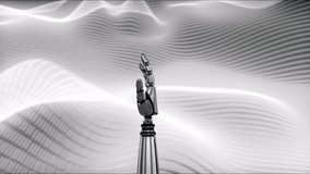 Animation of robot's metallic hand spinning over grey waves. artificial intelligence, science and research concept digitally generated video.