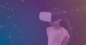 Animation of data processing with padlock over biracial schoolgirl with vr headset. global technology and digital interface concept digitally generated video.