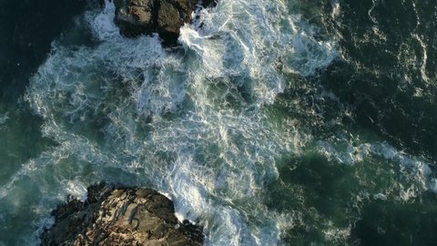 Rough Sea Waves Crashing On Rocks In Southern Chile. Aerial Topdown